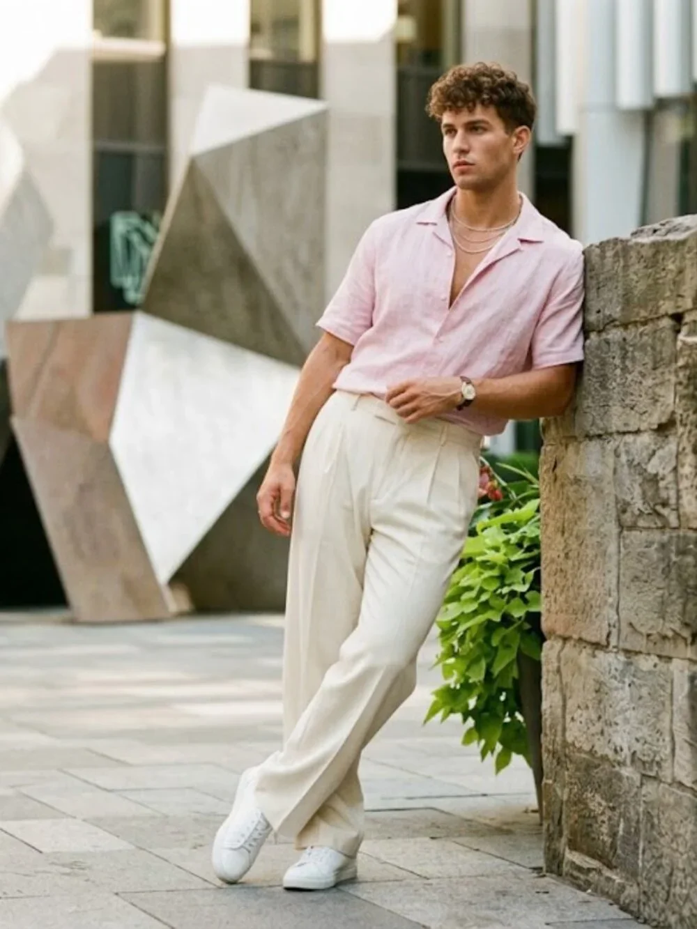 Soul of London Mens Pink Linen Blend Short Sleeve Button Up Shirt Size Large L